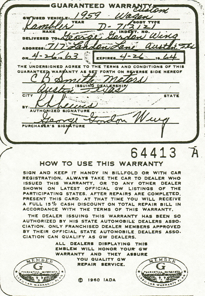 Professor Wing's warranty card, issued when he bought the car, and Wing driving his car on the University of Texas campus. (Collection: photographer, Copyright © 1989 Richard Bartholomew All Rights Reserved)