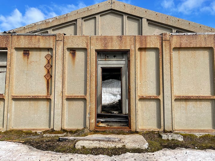 Dilapidated concrete buildings at the Látrar Air Station