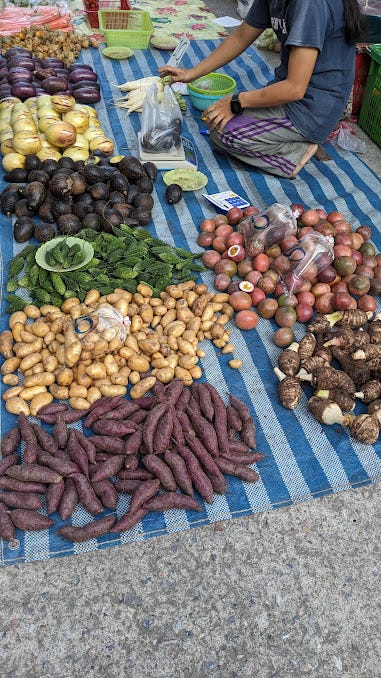 a tablecloth full of root vegetables and bowl of green and purple grapes