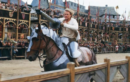 In the first photo, a medieval man draws his bow, ready to shoot an arrow at an opponent out of shot. In the second photo, a knight on a horse charges forward, lance raised.