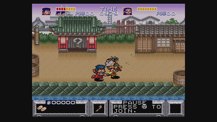 A series of screenshots of Goemon attacking various enemies in different environments. The first in a village, with his pipe, with a very expressive, eyes-bugging-out foe getting whacked. The second with Goemon running toward enemies in kabuki makeup, eyes closed. The third with Goemon, armed with the longer pipe, smacking an armored skeleton, whose eyes, otherwise not visible, are also bugging out. And last, Goemon attacking a clown in kabuki makeup at the amusement park. The screenshots are all a bit dim, as they were taken from the Wii U emulator, and not actual SNES hardware.