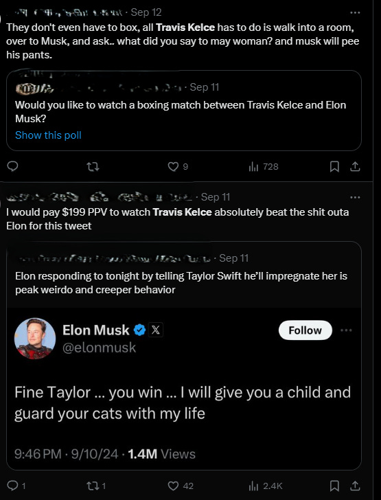 Screenshots of social media posts from X and Threads, showing people getting excited about the idea of Travis Kelce beating up Elon Musk because of what he said about Taylor Swift