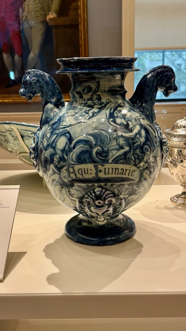 Pharmacy jar with the Abduction of Proserpina Savona, Italy, probably workshop of Giovanni Maria Veneziano  Before 1738,Tin-glazed earthenware, Height 41 cm. Mark Gambier-Parry bequest, 1966  The coastal town of Savona in Liguria, northern Italy was famed for its sumptuous blue and white pottery. This imitated both the decoration on Chinese porcelain and the shapes of precious silverware.