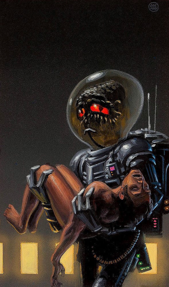 LEFT: Detail from DOA featuring an alien in silver spacesuit and fishbowl helmet cradling the naked body of a human male. RIGHT: Preliminary concept for DOA featuring an alien in a silver spacesuit and fishbowl helmet. The background is darker than the finished painting with a line of yellow rectangular lights sitting low.