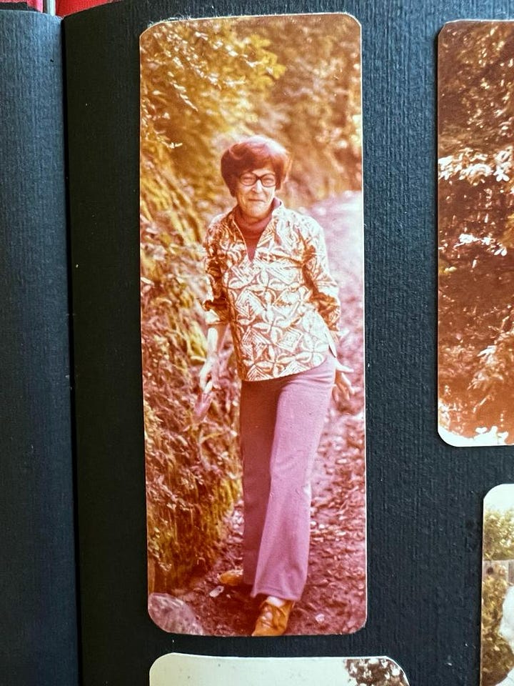 Two portraits of my grandmother, one sitting on an Adirondack chair with a pink lei, and the other walking down a leafy path wearing pink pants.