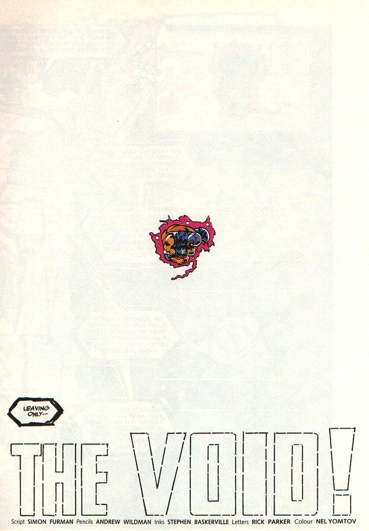 Two scanned paged of the Transformers comic #74, almost entirely blank white pages saved for a small speech bubble.