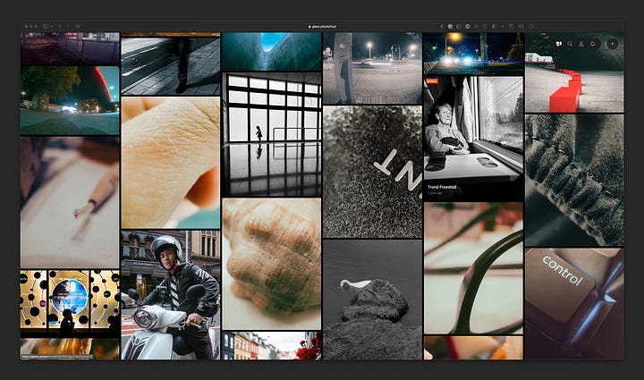 Screenshots of the photo-sharing app, Glass, and the photo-editing app, Darkroom.