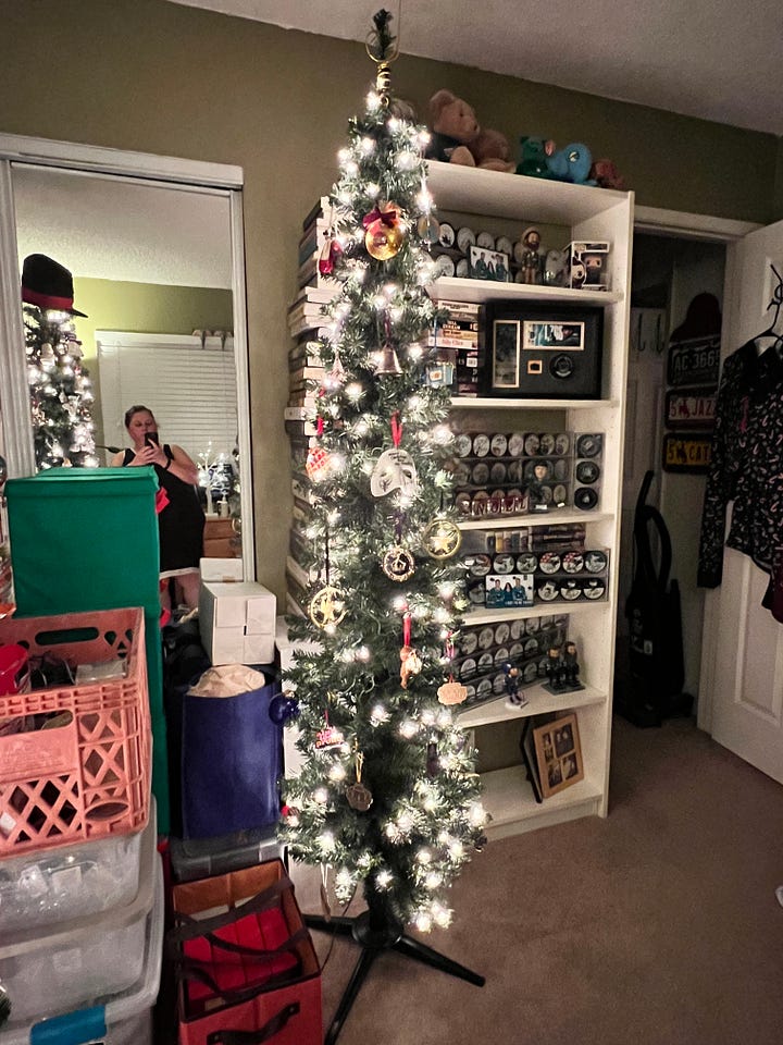 images of Christmas trees in front of book shelves