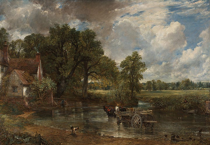 Left: John Constable, The Hay Wain (1821). Right: Two protesters glued onto the frame of The Hay Wain at the National Gallery in London