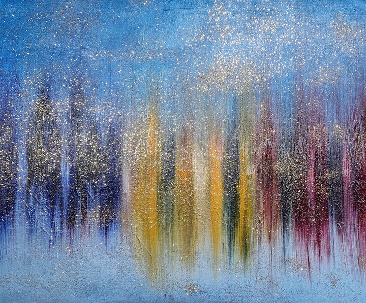 New colourful series of oil paintings by Roy P. Awbery featuring vertical lines and silver and gold metal particles.