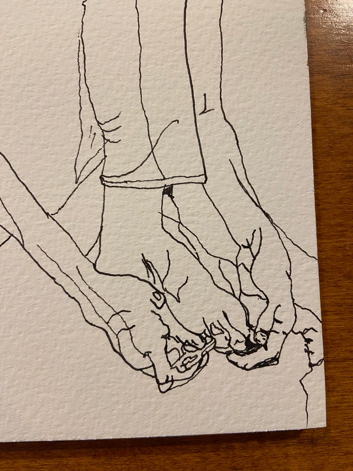 pen drawing of man clipping his toenails with a pink border