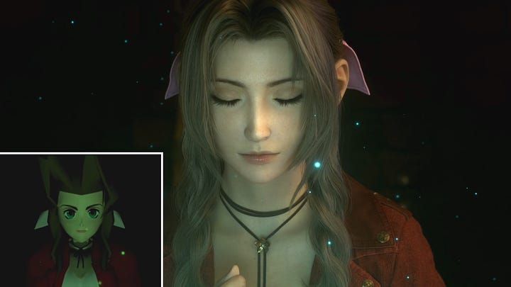 Closed eyes in Remake versus opened eyes in the original, plus comparisons to other instances of pre-rendered Aerith to compare the eye glow.