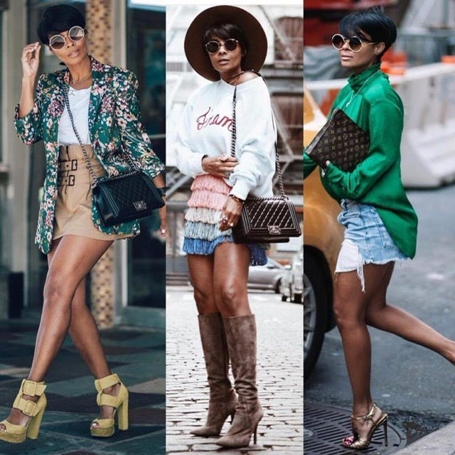 Images are of Kyrzayda Rodriguez in her street style with denim shorts and heels.