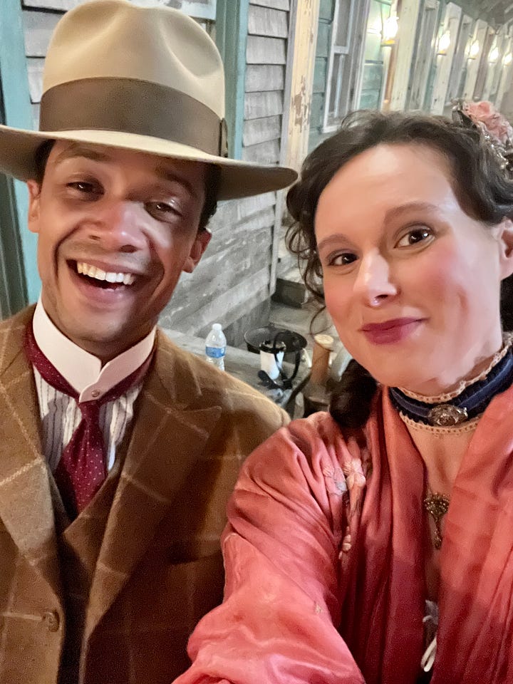 Actor Rachel Handler, brunette woman who looks about 30, appears as the character Doris in AMC's vampire series. Like Handler, Doris is an amputee. She's dressed in early 1900s garb, with per the character, brothel-style petticoats. As Doris, Handler's normal prosthetic leg is switched with a peg leg amputees at the time would have to utilize.