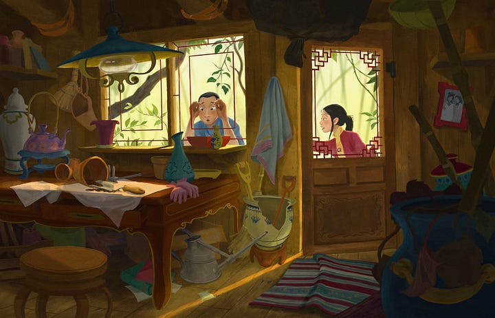 Images of people in creative settings, with Asian characters of family and a tiger