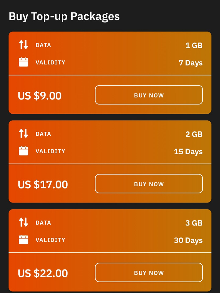 The eSIM configuration screens in the Airalo App