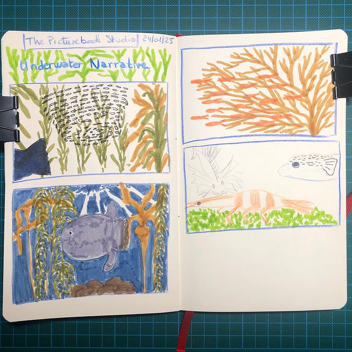 Photos de mon sketchbook posé sur mon tapis de découpe. On y voit des végétaux et animaux marins dessinés aux crayons de couleurs, feutres et Neocolor II.
