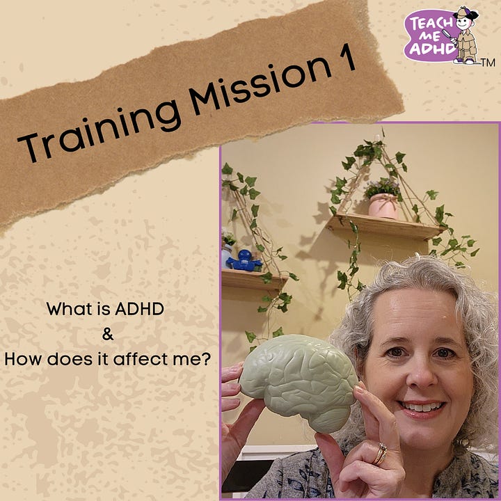 A collection of 4 images, each with Dr Stuppy holding a prop from different missions. training mission one: what is ADHD and how does it affect me shows her holding a brain model. Mission 2 Building healthy eating and sleeping habits shows her holding a board with a healthy meal. Mission 3 is covered in glitter and she's holding a glitter jar. Emotions without commotion. Mission 5 is game night - communication and she's holding a game piece made for the course.