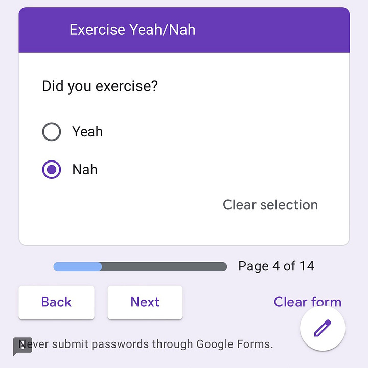 Images of a Google form asking questions about activity tracking.