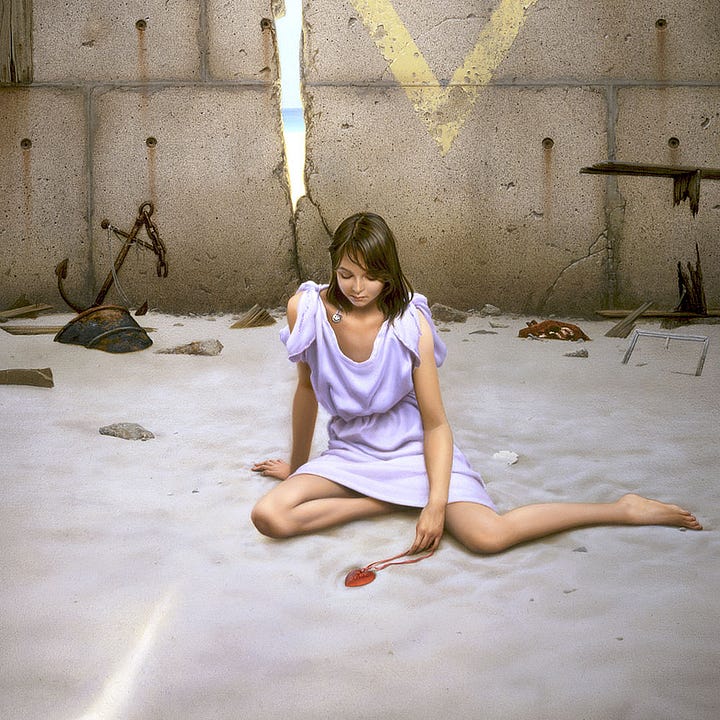 LEFT: Detail from GLIMPSE FEATURING a young woman in a short lavender dress sitting with one knee under her and her other leg out to the side as she stares down at a red glass heart resting on the sand. A crack in the concrete wall behind her casts a sliver of light onto the sand. The crack splits the corner of a yellow triangle painted point down and weathered. Through the opening, calm water can be seen in the distance.   RIGHT: Figure detail from GLIMPSE featuring a young woman with dark hair that falls silky straight to her shoulders. She wears a short lavender dress that dips at the neck. Hanging unevenly over her clavicle is silver smiley face pendant on a lavender cord. Her expression is a contrast, eyes pressed closed with no hint of a smile. She's looking down to the smooth sand where she drags a red glass heart by the ribbon.