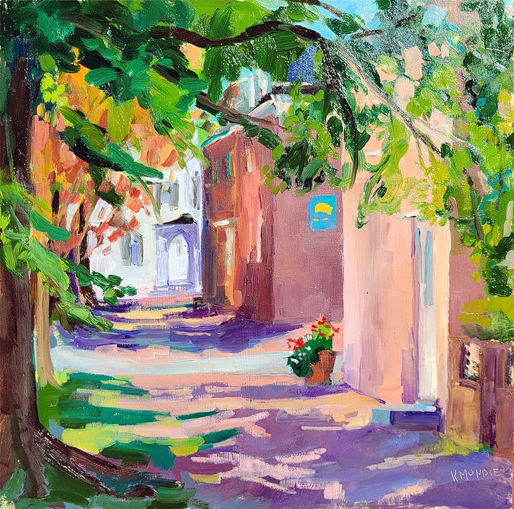 four impressionistic paintings by Kate Mundie of historic buildings in Dover Delaware.