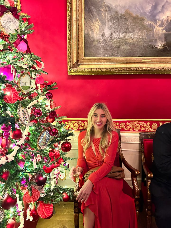 Scenes from Christmas at the White House, 2023: cakes and cookies, a reindeer display, a Christmas tree