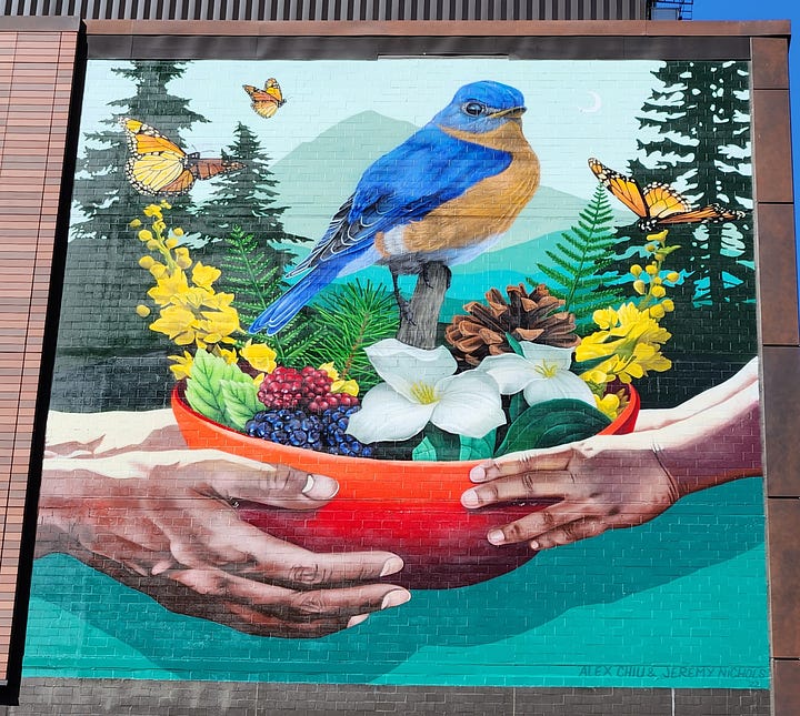 mural of bluebird, reflected