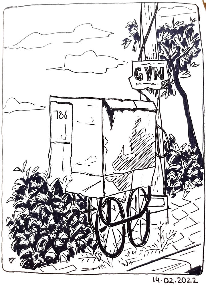 black line-drawings of outdoor places on a sketchbook