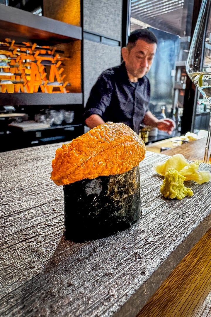 A selection from the sushi omakase: botan shrimp, blushing fatty tuna, ochre creamy uni and conger eel.