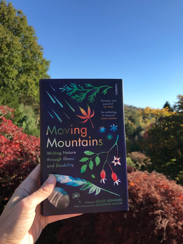 eight images of Moving Mountains book in different spots around the gardens, with shadows cast across the cover and autumnal colours of trees and bracken and mosses.