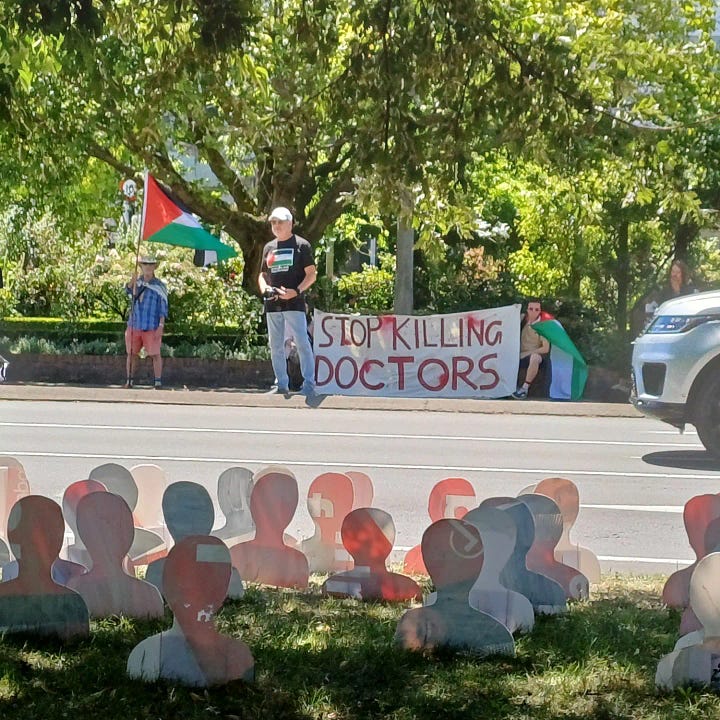 1: The backs of marchers, with Palestinian flags pulled taut by the wind under blue skies and broad trees. 2: A sign that reads STOP KILLING DOCTORS in the background. Foreground are silhouettes representing dead health workers.