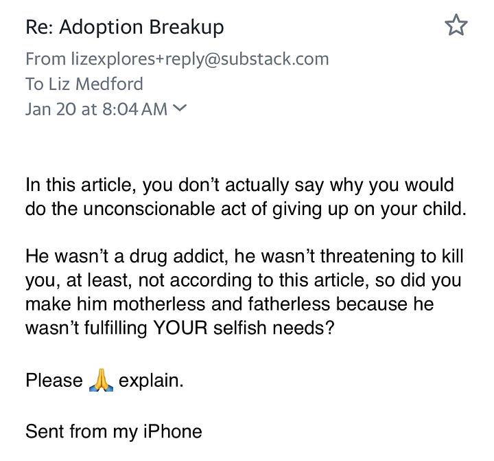 Screenshots of hateful replies to my essay, “Adoption Breakup.”