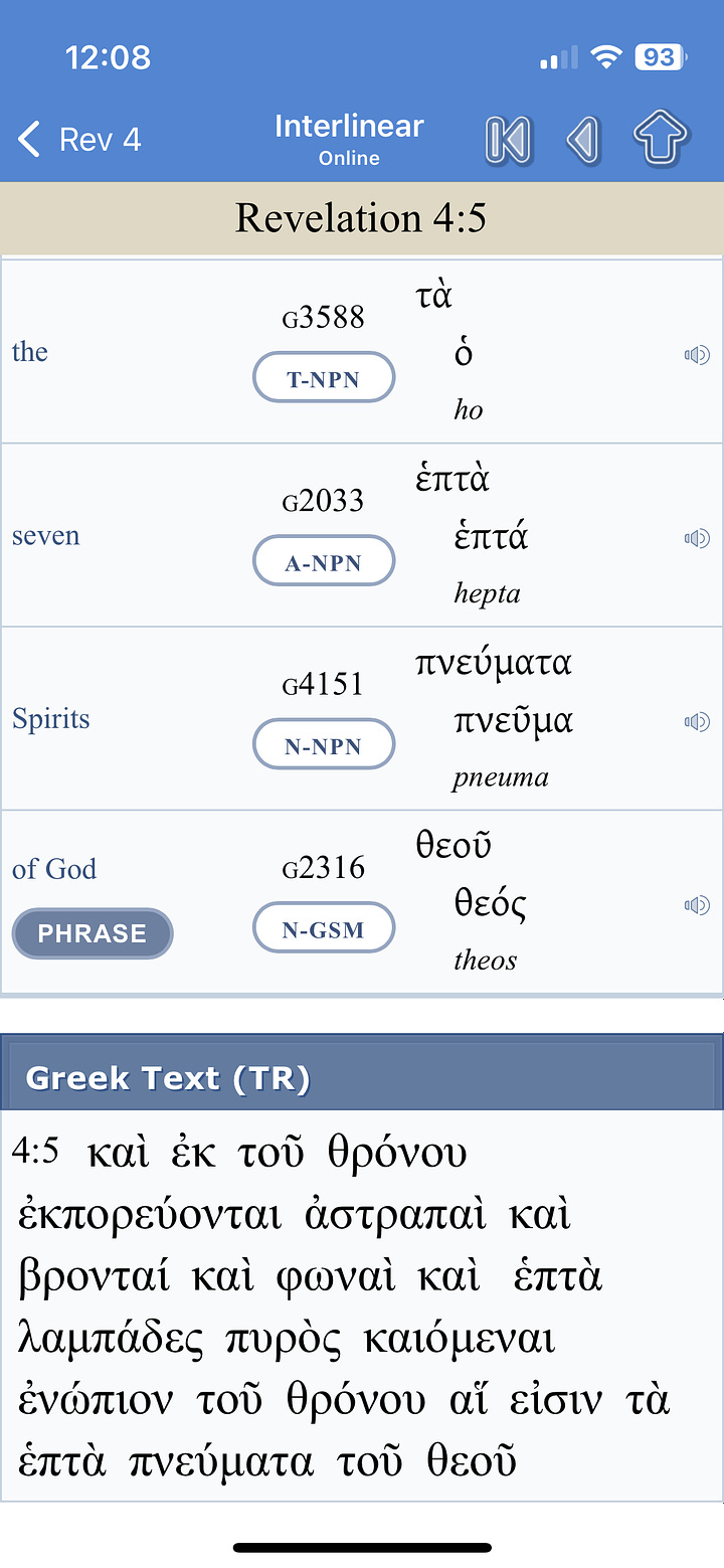 Screenshots showing the Blueletter Bible concordance of the seven spirits of God, the Greek word for spirits, and Google translation of the Greek.