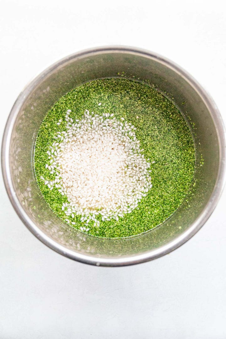 steps for making an Instant Pot broccoli risotto recipe