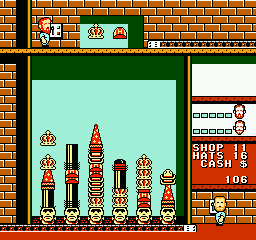 Screenshots from the Famicom and NES editions of Hatris, meant to convey the difference in the visual design of the two, owing to the inclusion of "helper" characters in the NES release.