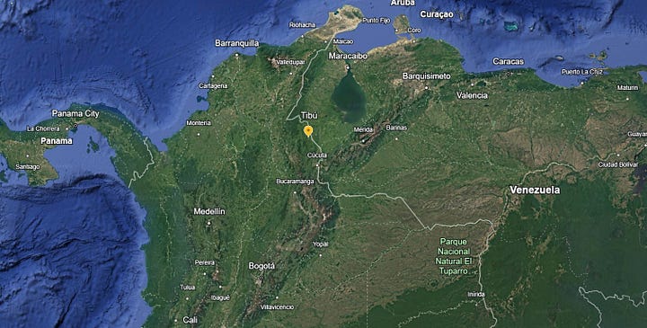 Left: Regions where ELN is currently mounting offensive operations in the Colombian-Veneuzuelan borderlands Right: Tibu, where negotiations with Frente 33 will take place