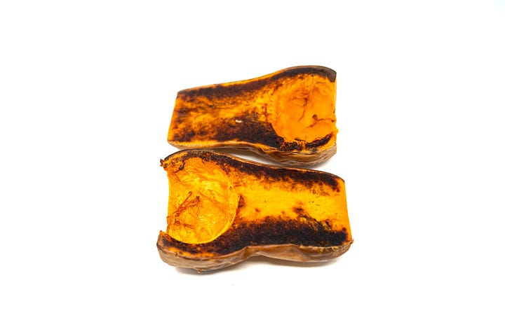 Side-by-side images of charred corn kernels and deeply roasted butternut squash halves, showcasing caramelization and flavor-building.