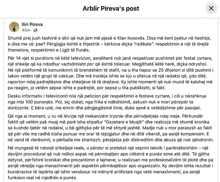 Kur kërkesa për zbatim të ligjit kthehet në shkak për përndjekje — Iliri Pireva ekspozon hipokrizinë e një prej televizioneve më të mëdha të Kosovës.