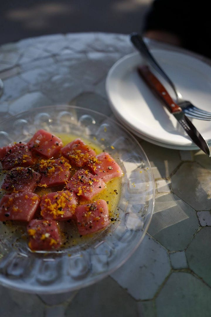 Camilla's family at Barras Santos, tuna crudo.