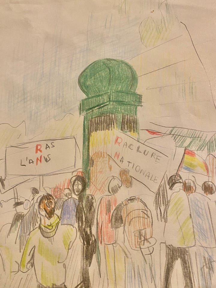 Pencil drawings of busy protests in Paris