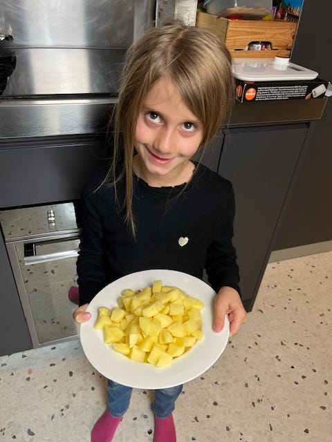 Top L: pasta for pizzocheri, Amelie has prepared the cheeses!, sauteeing the sage and garlic in butter, cin-cin!