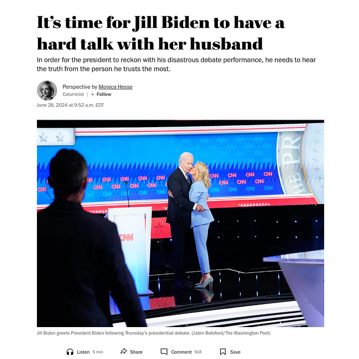 Screenshots from articles at The Atlantic and Washington Post showing Jill and Joe Biden at the debates with headlines urging his loved ones to talk him into retiring.