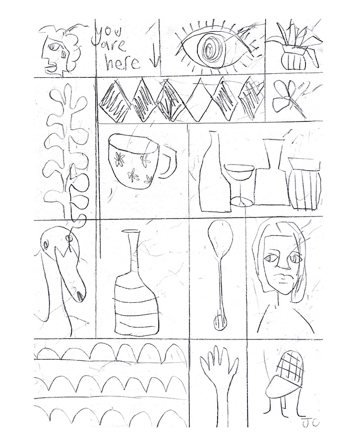  a woman with i am nature. drawings of objects including swan, cup, bottle, woman.