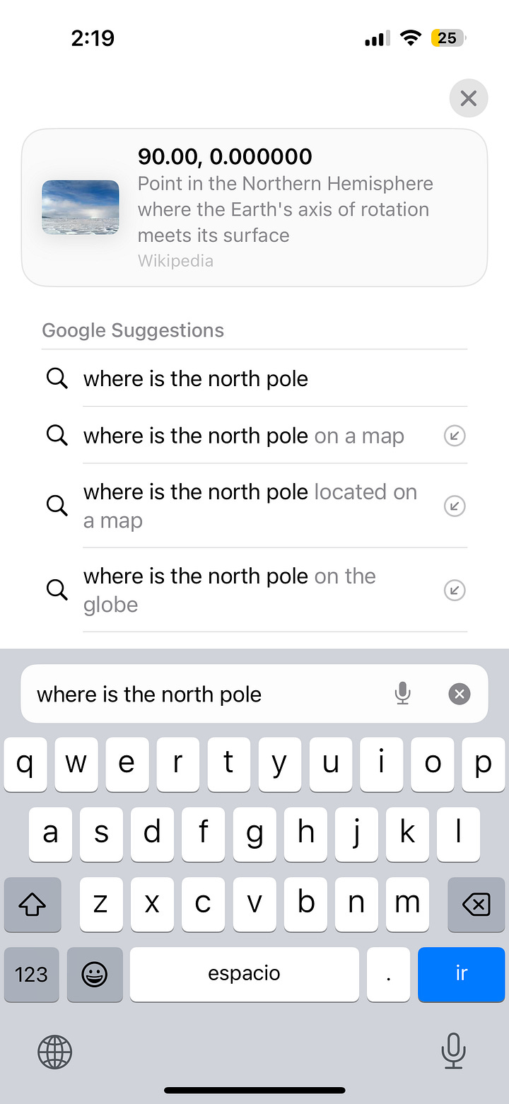 images of google searches asking "where is the north pole" and how far spitsbergen is from the north pole