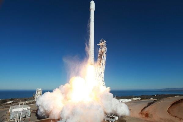 The first image is a derelict old launch pad that looks like a parking lot. The second image is a rocket taking off from the pad.