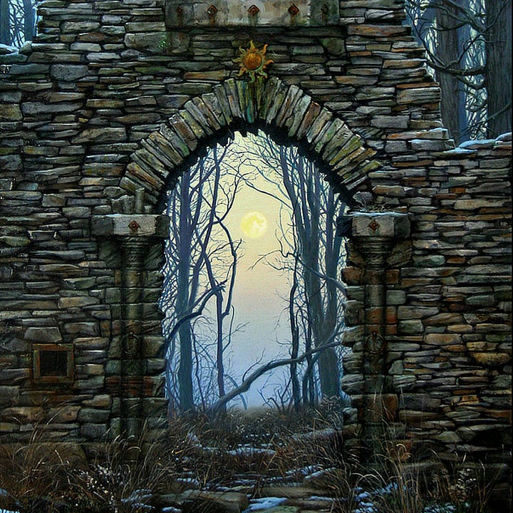 LEFT: Detail from TIME’S PASSING featuring a square window standing on point on the facade of a ruined stone structure in the woods. The arch over the window is made of thin stones while the window itself is four rounded crosses. The lintel is marked with small diamonds weeping rust. Below sits a weathered copper sun and an arched doorway. RIGHT: Detail from TIME’S PASSING featuring the arched doorway through a ruined stone structure in the wood. The trees rising on the other side of the portal of the doorway are skeletal and bare framing the moon in wintry blue sky.