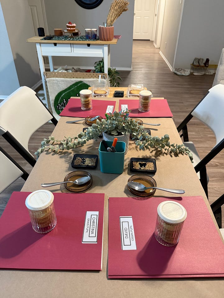 Grain tasting table set up with shortbread cookies