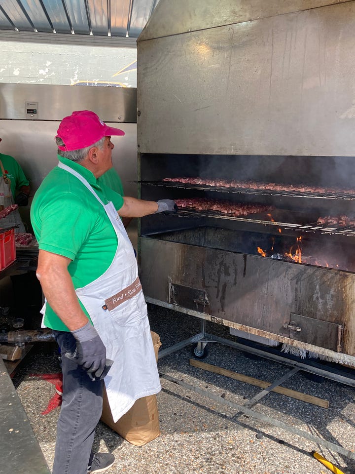 An image of a food market stall selling meatballs and a closeup of a chef cooking up the meatballs.