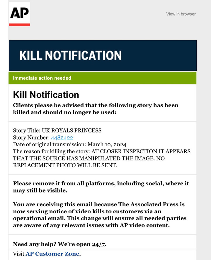 Two kill notices from photo agencies regarding the photo of Kate and her children