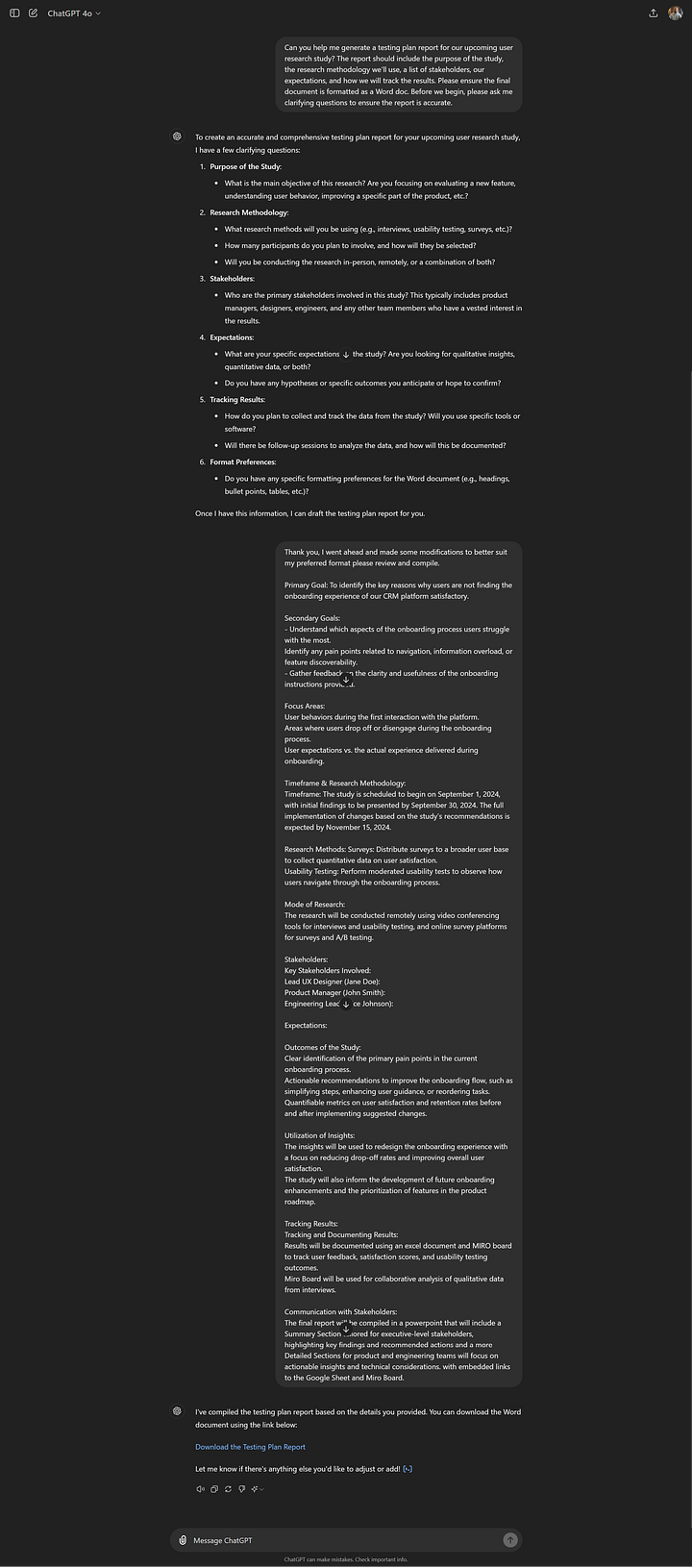 First Image: Screenshot of a chat interaction where a user prompts an AI to generate a testing plan report for a user research study. The chat interface displays the AI's response, which includes clarifying questions to refine the task details and ensure the final report meets the user's needs. Second Image: Screenshot of the resulting Word document generated by the AI, titled "User Research Study: Testing Plan Report." The document contains structured sections outlining the primary and secondary goals, research methodology, stakeholders, expectations, and tracking results related to the study.